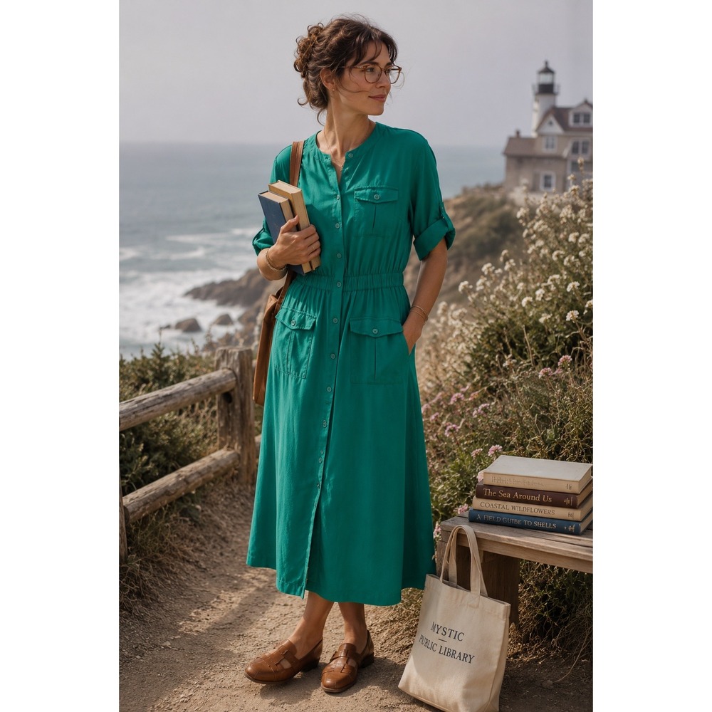 LOFT Midi Shirt Dress 10P Green Button Up Lyocell Coastal Preppy Librarian Retro